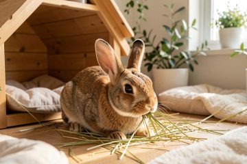 Lapin domestique adulte dans un grand enclos intérieur avec du foin frais, une cachette en bois et une lumière naturelle.