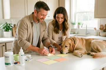 Un homme et une femme organisent les soins hebdomadaires de leur chien dans une cuisine lumineuse, tandis que le chien reste calmement couché près d’eux.