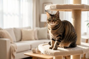 Chat européen tigré observant calmement un salon lumineux depuis un arbre à chat.