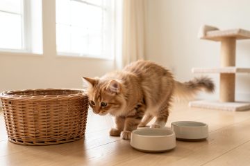 Chaton curieux explorant un studio lumineux de 24 m² avec un panier, des gamelles et un petit arbre à chat compact.