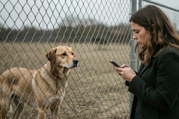 Chien de taille moyenne derrière une clôture, tandis qu’une femme téléphone à distance dans une ambiance sobre et réaliste évoquant la protection animale.