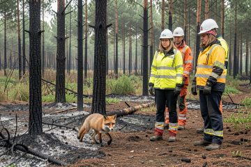 Deux femmes et un homme bénévoles équipés observent à distance un petit renard près d’une zone sécurisée dans une forêt de pins de Gironde marquée par un incendie.