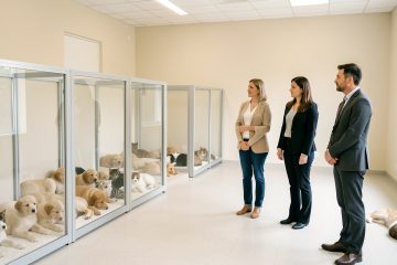 Salon animalier lumineux présentant des chiots et des chatons dans des espaces séparés, tandis que deux femmes et un homme les observent à distance dans une ambiance réaliste et documentaire.