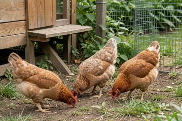 Trois poules réformées au plumage partiellement repoussé cherchent de la nourriture dans un jardin, devant un poulailler en bois surélevé et un enclos grillagé.