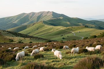 Vue réaliste de la Rhune au Pays basque, avec des brebis Manech dans une lande ouverte, des reliefs verdoyants et un sentier de randonnée baignés par une douce lumière matinale.