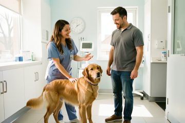 Une auxiliaire vétérinaire accueille un homme et son chien dans une clinique lumineuse, avec du matériel médical discret en arrière-plan.