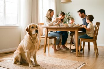 Un chien assis calmement sur un tapis tandis qu’un homme, une femme et deux enfants prennent leur repas dans une salle à manger lumineuse.