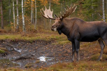 Un élan mâle aux grands bois se tient près d'une cuvette de terre humide dans une forêt boréale aux couleurs de l'automne.