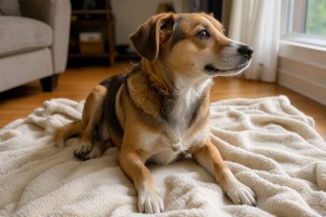 Jeune chien installé sur une couverture douce, montrant un léger hoquet avec une expression curieuse.