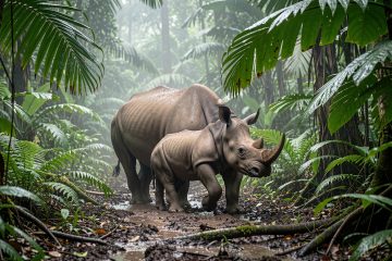 Une femelle rhinocéros de Sumatra marche avec son petit dans une forêt tropicale humide baignée d’une lumière douce.